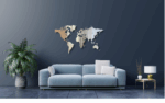 Mockup einer Weltkarte aus Metall - Edelstahl in einem Wohnzimmer