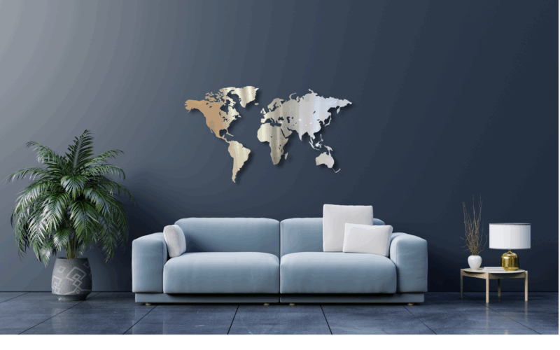 Mockup einer Weltkarte aus Metall - Edelstahl in einem Wohnzimmer