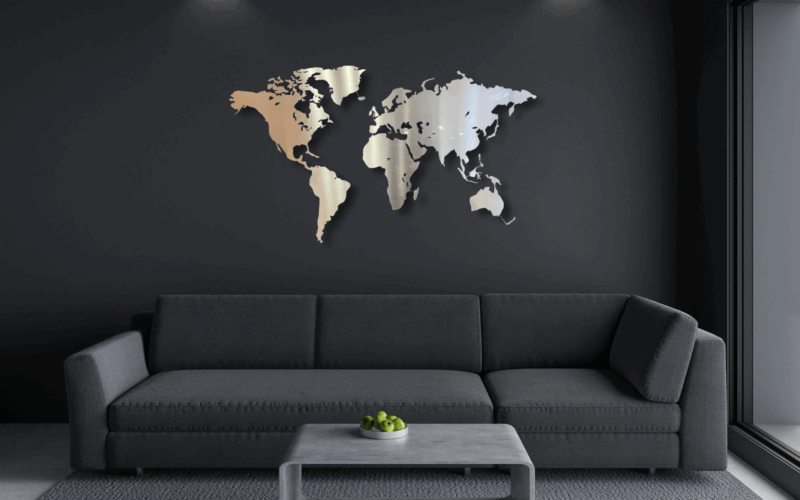 Mockup einer Weltkarte aus Metall - Edelstahl in einem Wohnzimmer