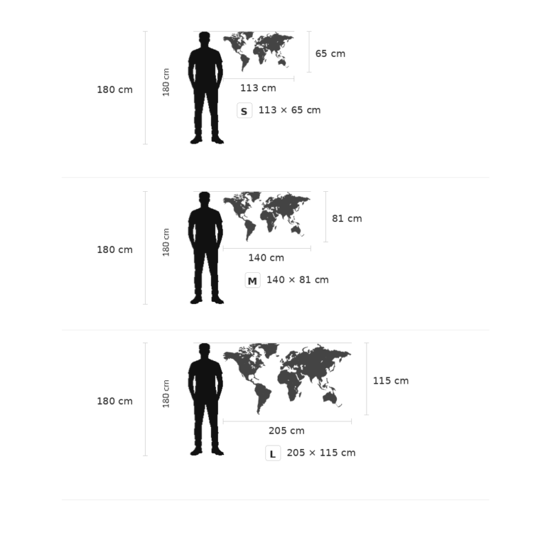 Weltkarte aus Metall Größenvergleich S M L mit Maßangaben und 180 cm Person Wanddeko Metall modern