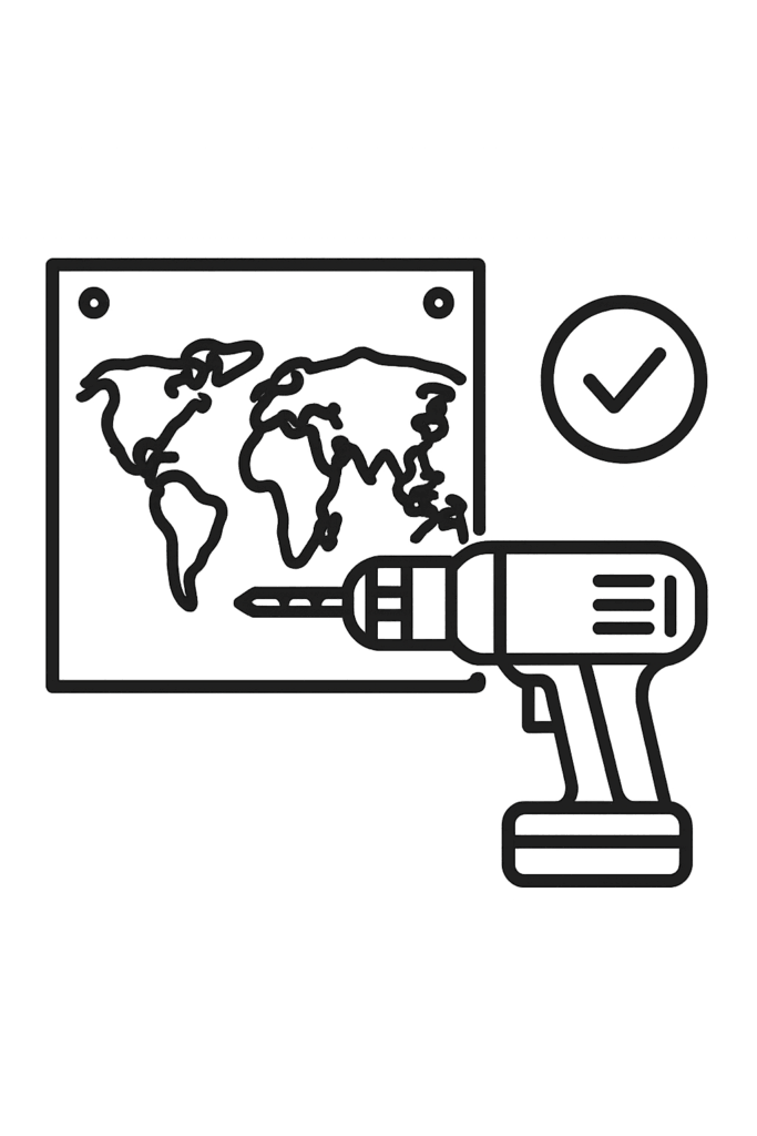 Auf dem Bild ist eine Symbol einer Bohrmaschine zu sehen und eine Weltkarte. Soll ein Symbol für die Montage sein.