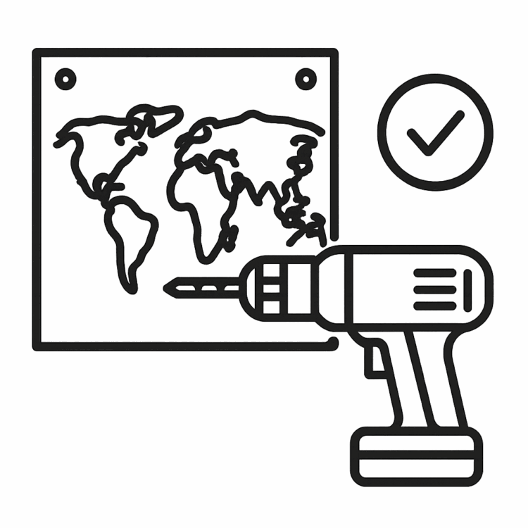 Auf dem Bild ist eine Symbol einer Bohrmaschine zu sehen und eine Weltkarte. Soll ein Symbol für die Montage sein.