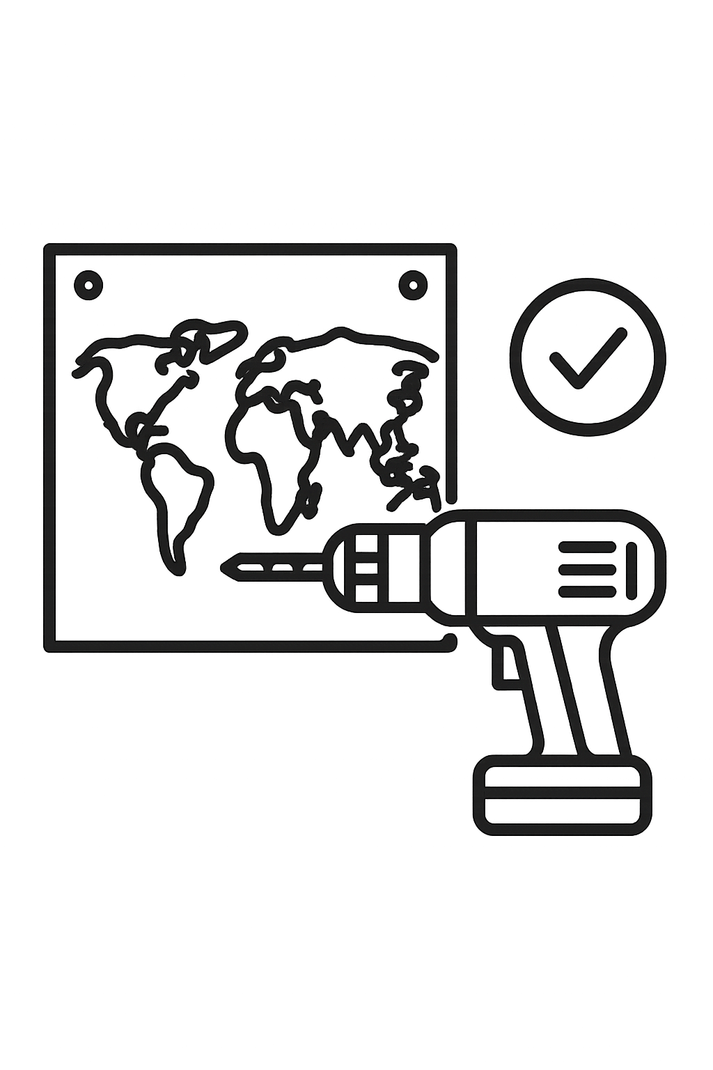 Auf dem Bild ist eine Symbol einer Bohrmaschine zu sehen und eine Weltkarte. Soll ein Symbol für die Montage sein.