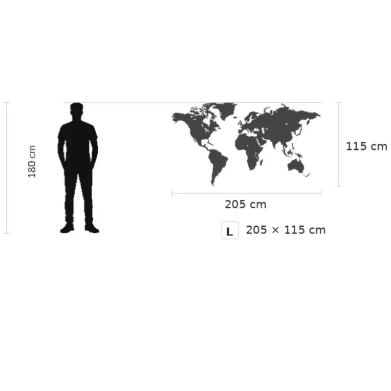 Große Weltkarte aus Metall L (205x115 cm) im Größenvergleich. Eindrucksvolle Wanddeko Metall modern für große Räume & Designliebhaber.