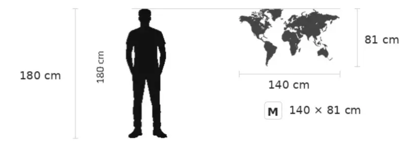 Weltkarte aus Metall Größe M 140 x 81 cm Größenvergleich mit 180 cm Person Wanddeko Metall modern